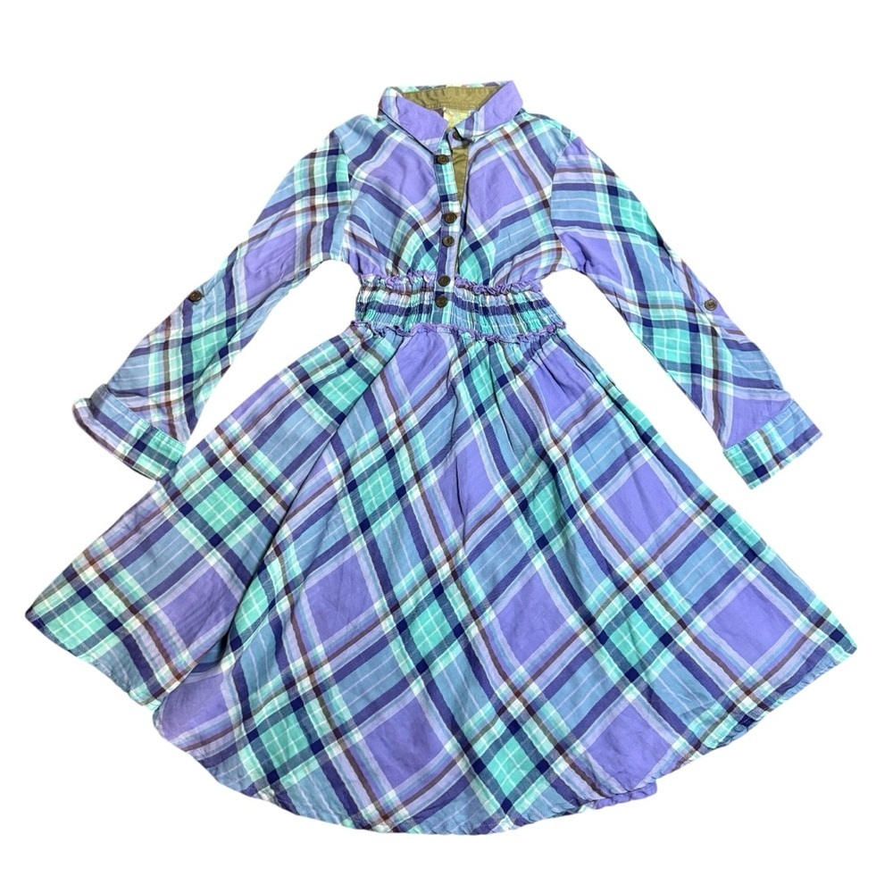 Maria Elena Girls Purple Plaid Long Sleeve Shirt Dress Smocked Waist Size 7/8